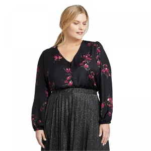 Ava & Viv Floral Print Long Sleeve V-Neck Covered Button Blouse