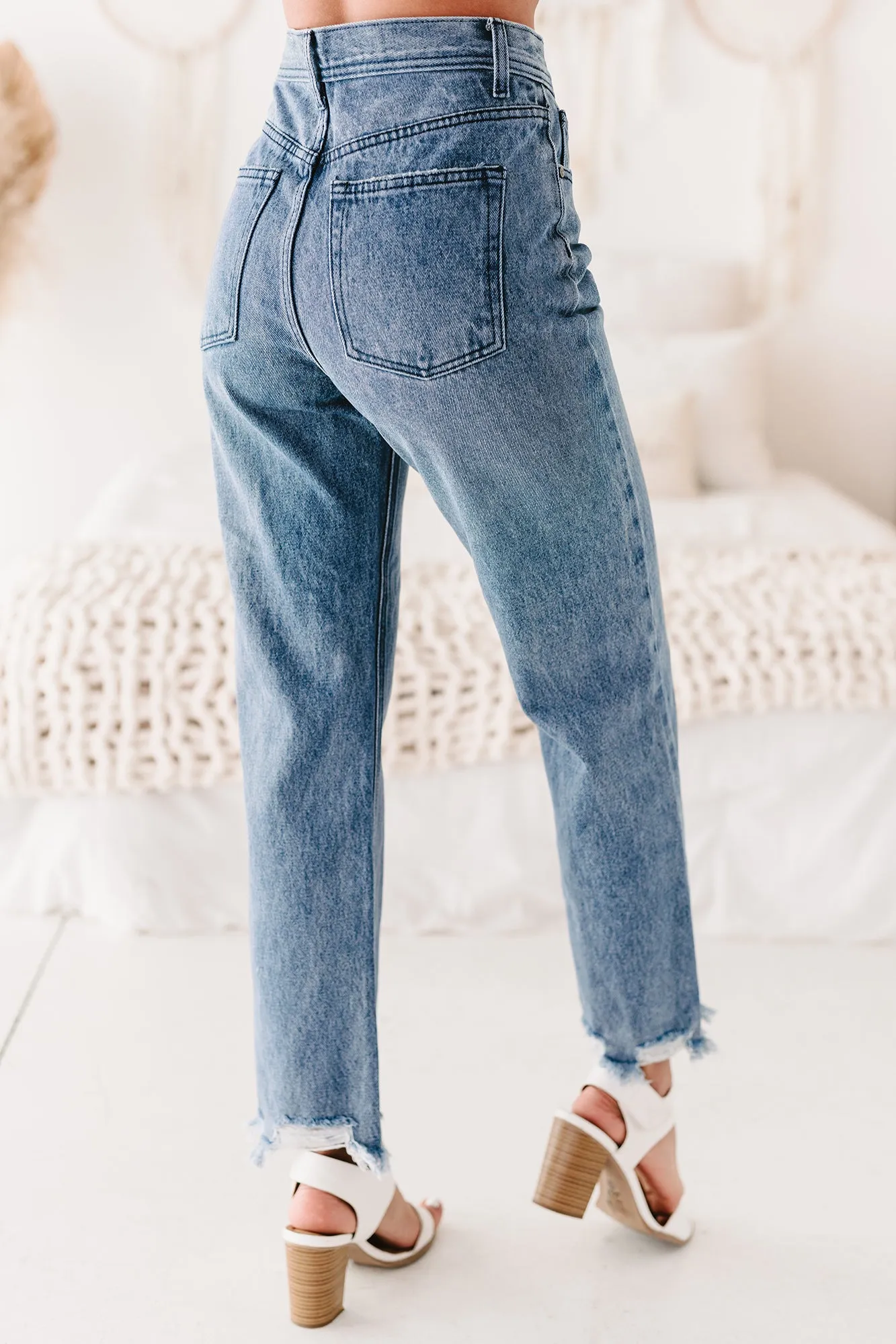 Bernice High Rise Distressed Hem Straight Leg Jeans (Medium Denim)