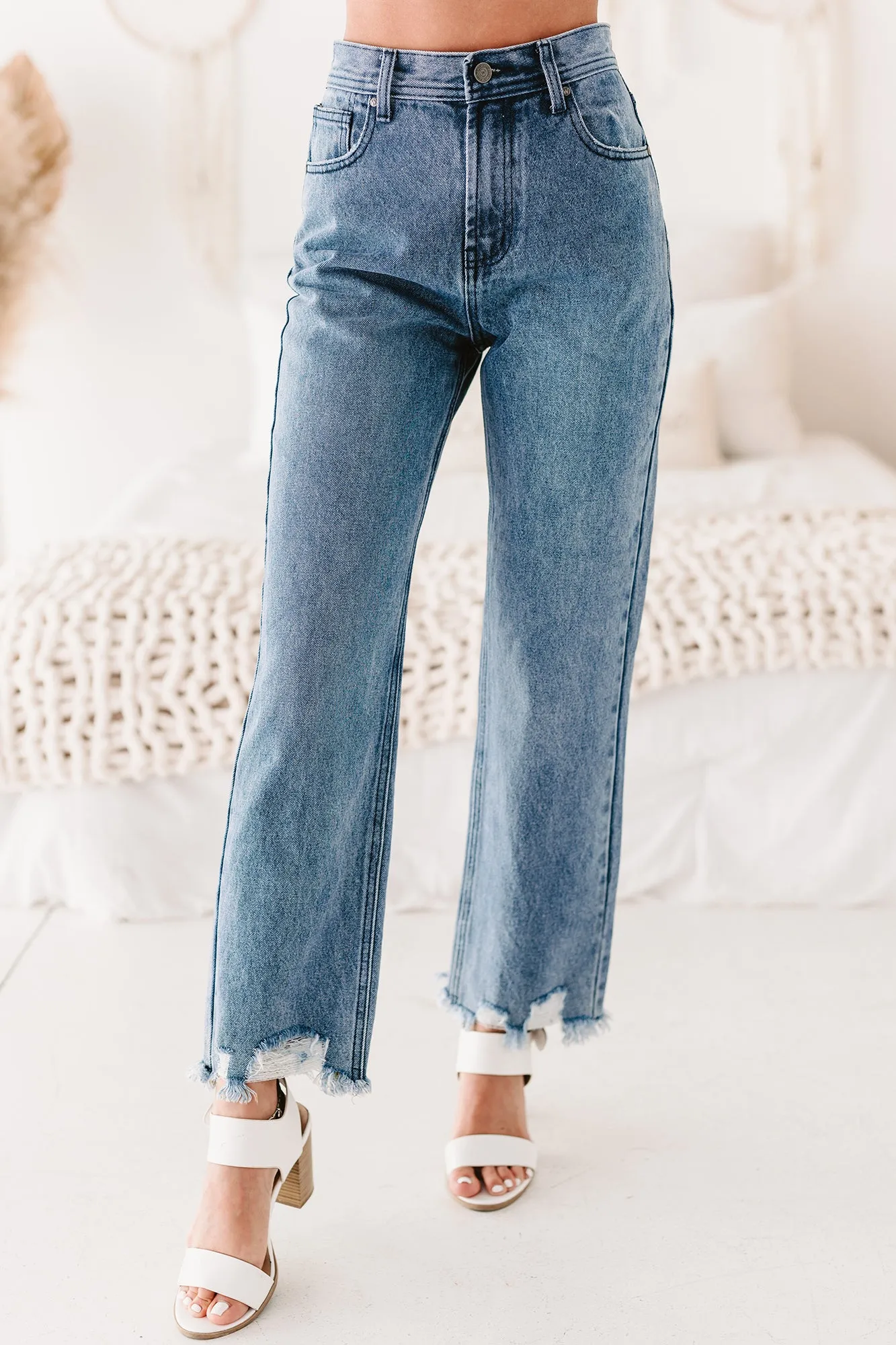 Bernice High Rise Distressed Hem Straight Leg Jeans (Medium Denim)