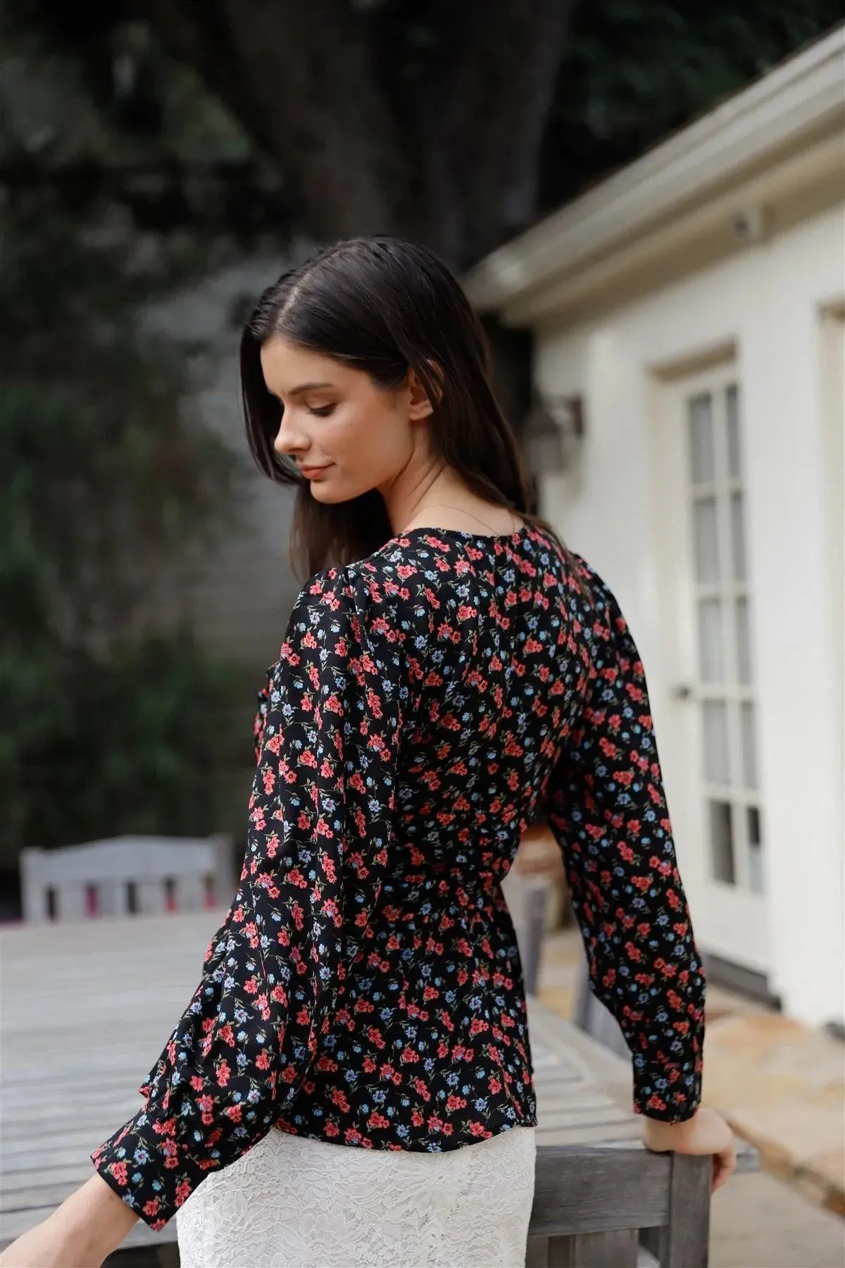 Black Multi Color Floral Print Ruched Waist Detail Long Balloon Sleeve Top /1-1-2-1