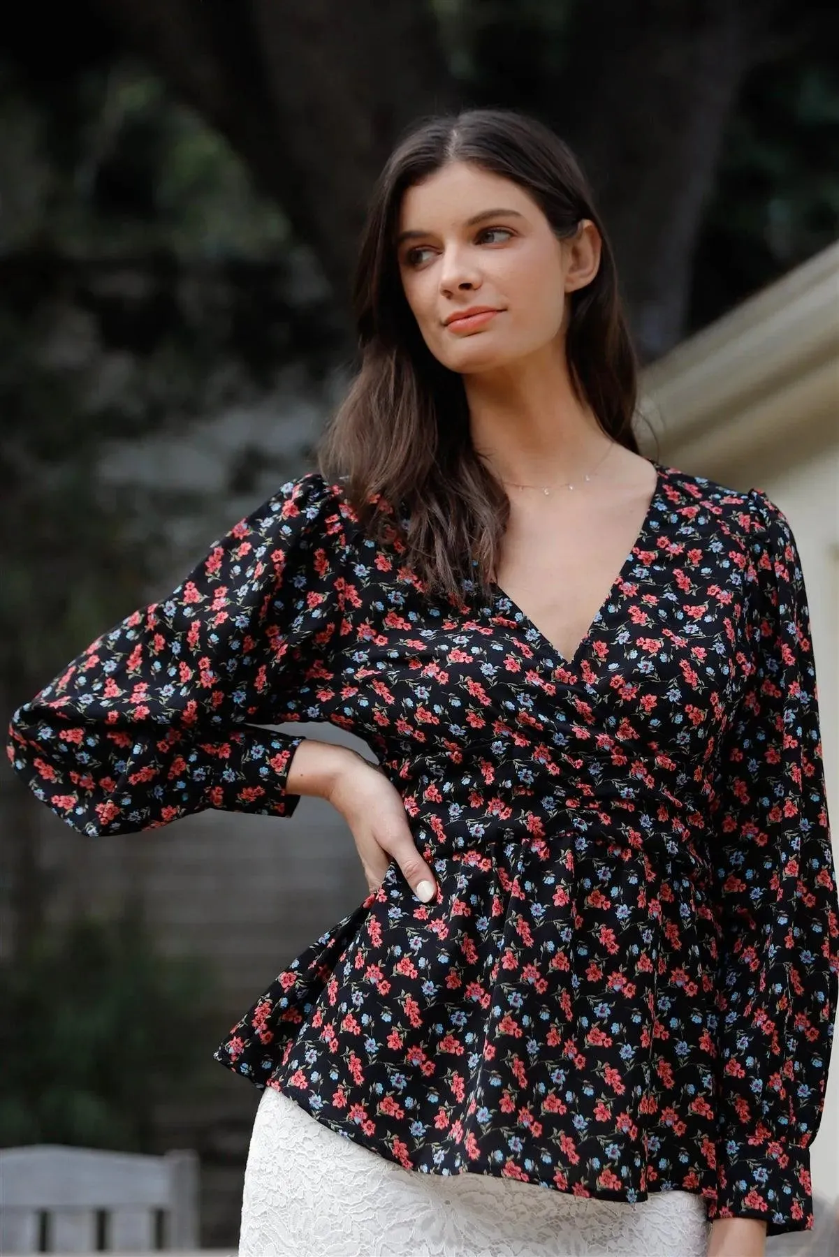 Black Multi Color Floral Print Ruched Waist Detail Long Balloon Sleeve Top /1-1-2-1