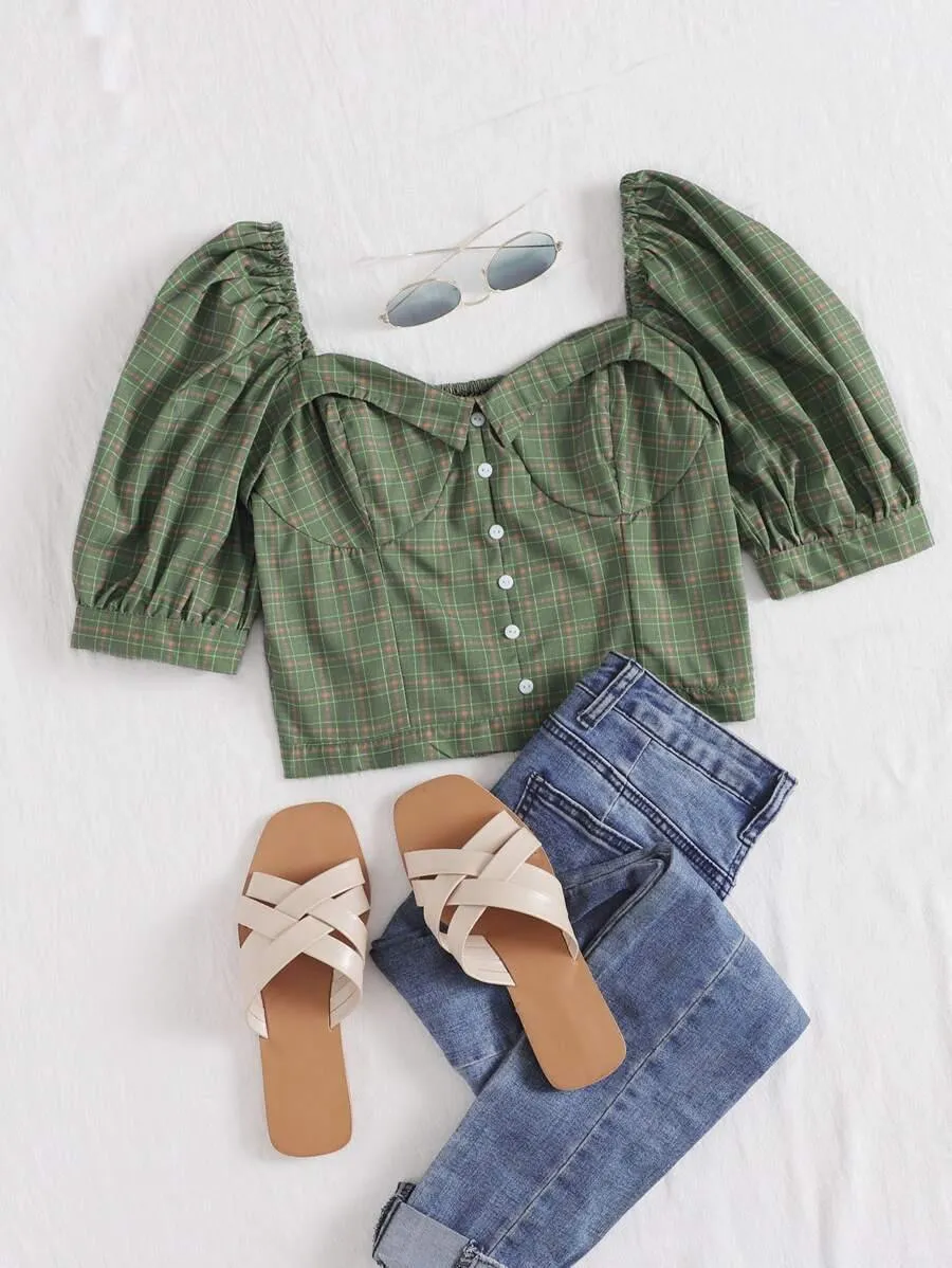 Button Front Plaid Print Bustier Blouse