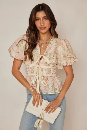 Cindy Floral Lace-Up Blouse