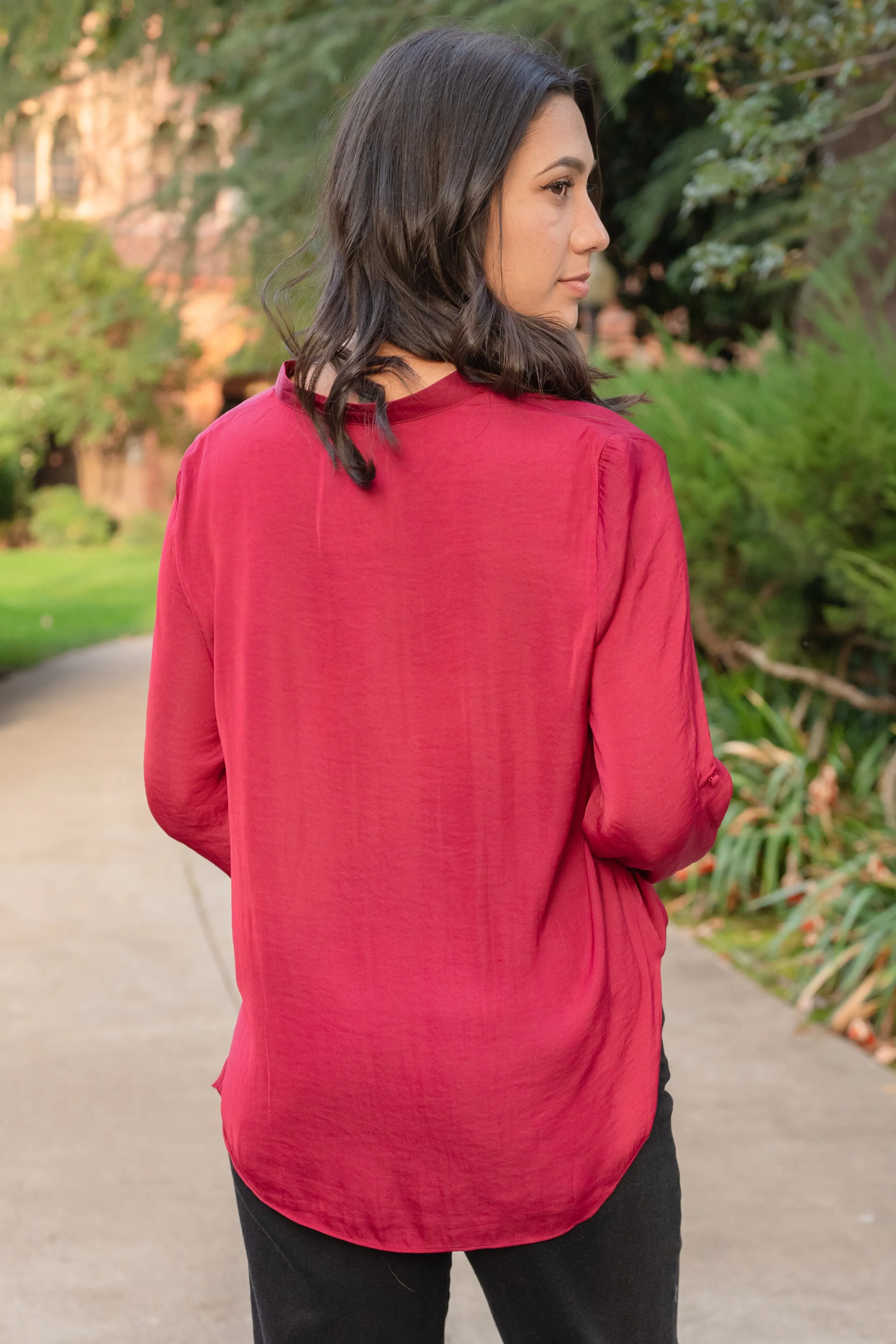 Collared Rolled Sleeve Satin Button Up