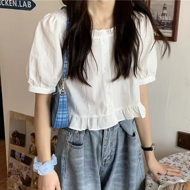 Cute Ruffle Button Up Blouse Shirt