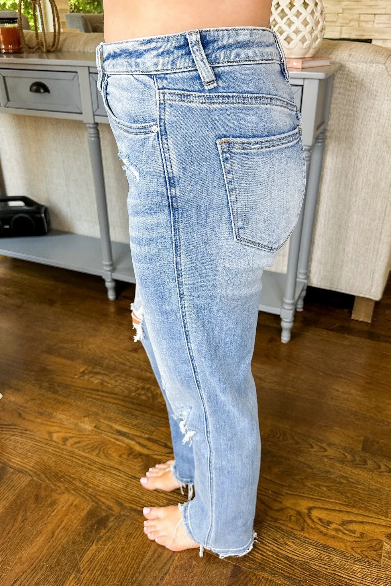 Distressed Light Wash High Rise Straight Leg Mica Jean