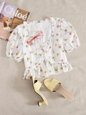 Ditsy Floral Lace Up Front Crop Blouse