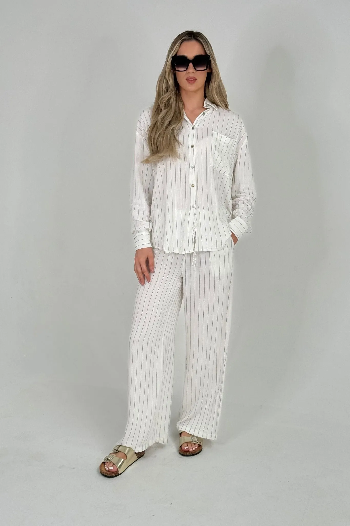 Elsa Linen Mix Stripe Trousers In White