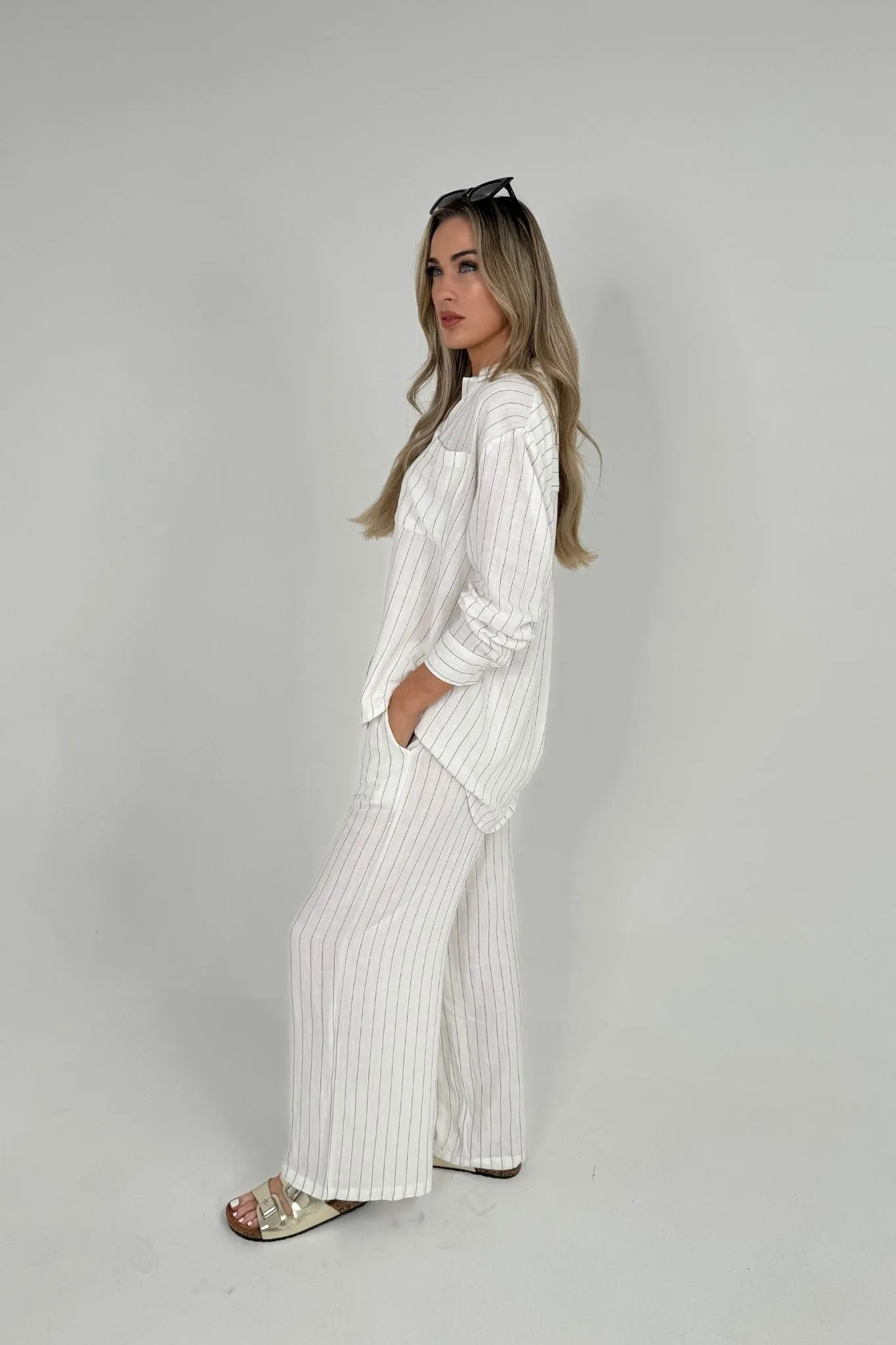 Elsa Linen Mix Stripe Trousers In White