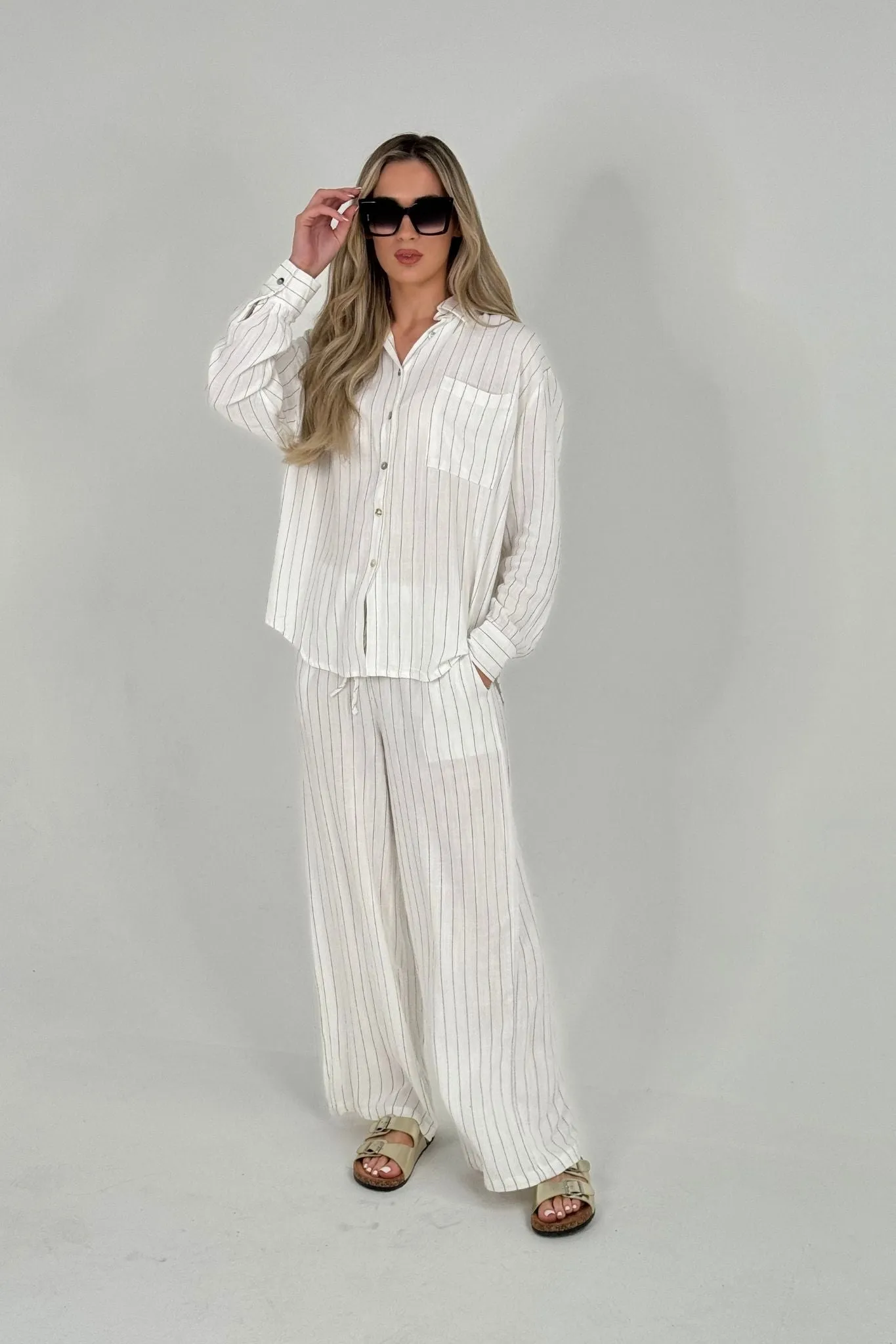 Elsa Linen Mix Stripe Trousers In White