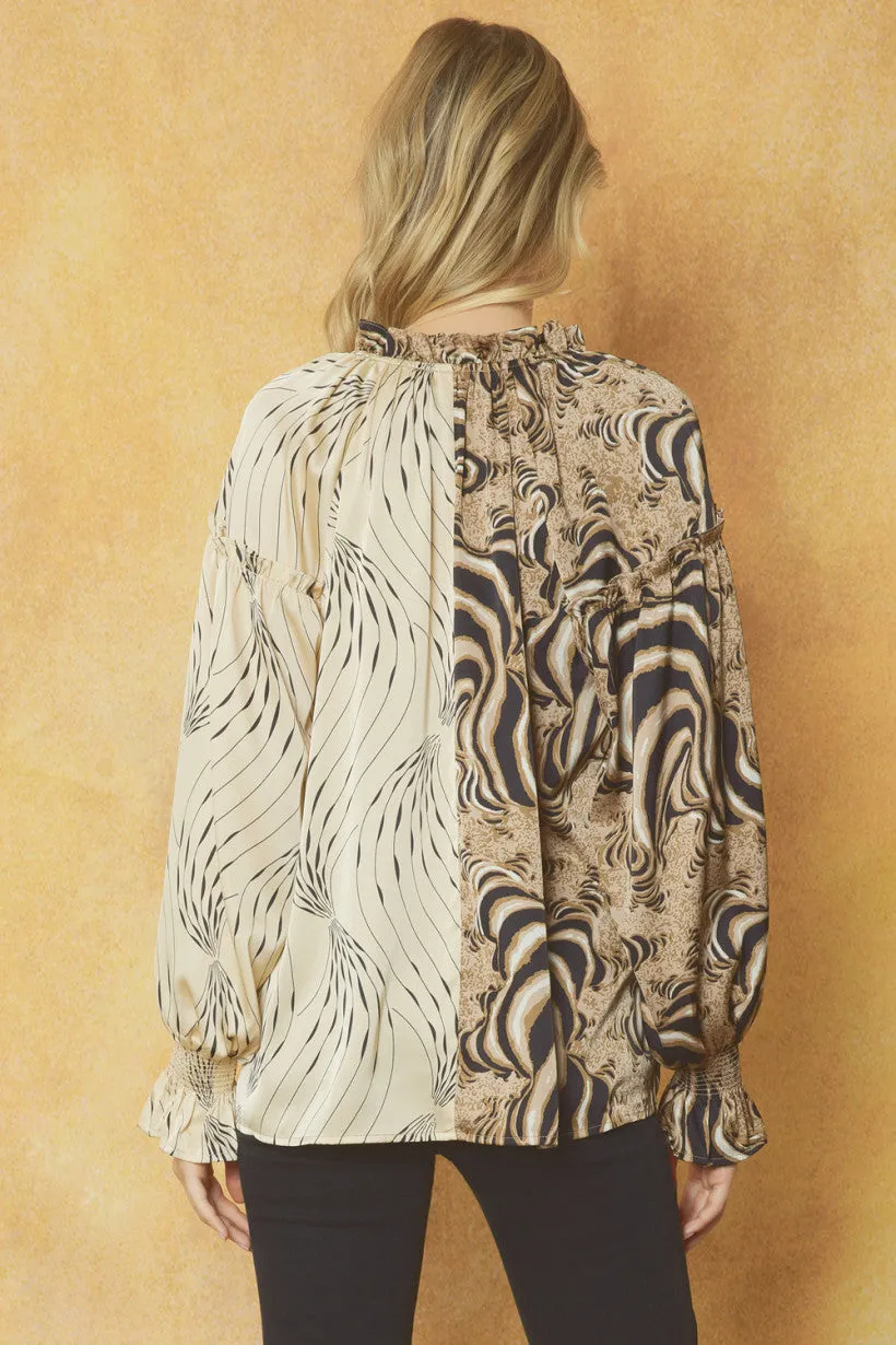 Entro Mocha And Ecru Contrast Print V-Neck Blouse