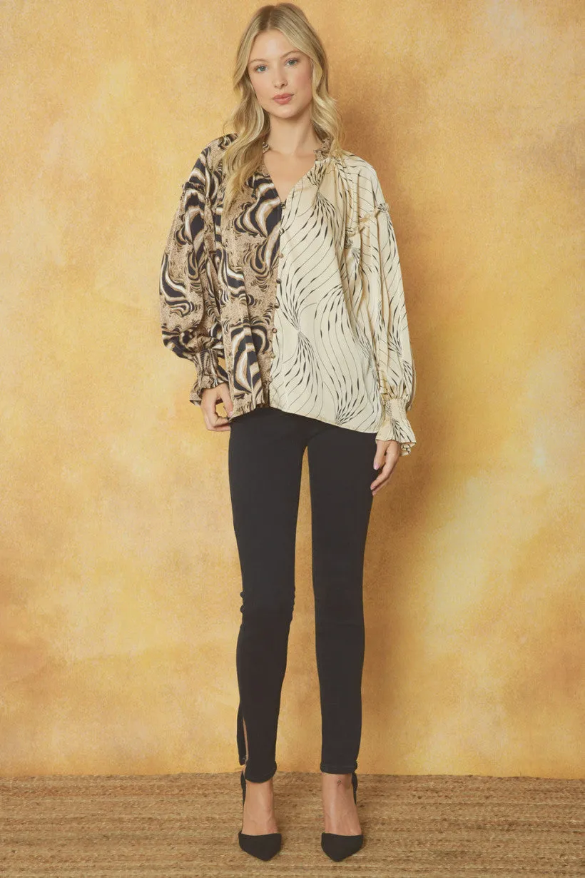 Entro Mocha And Ecru Contrast Print V-Neck Blouse