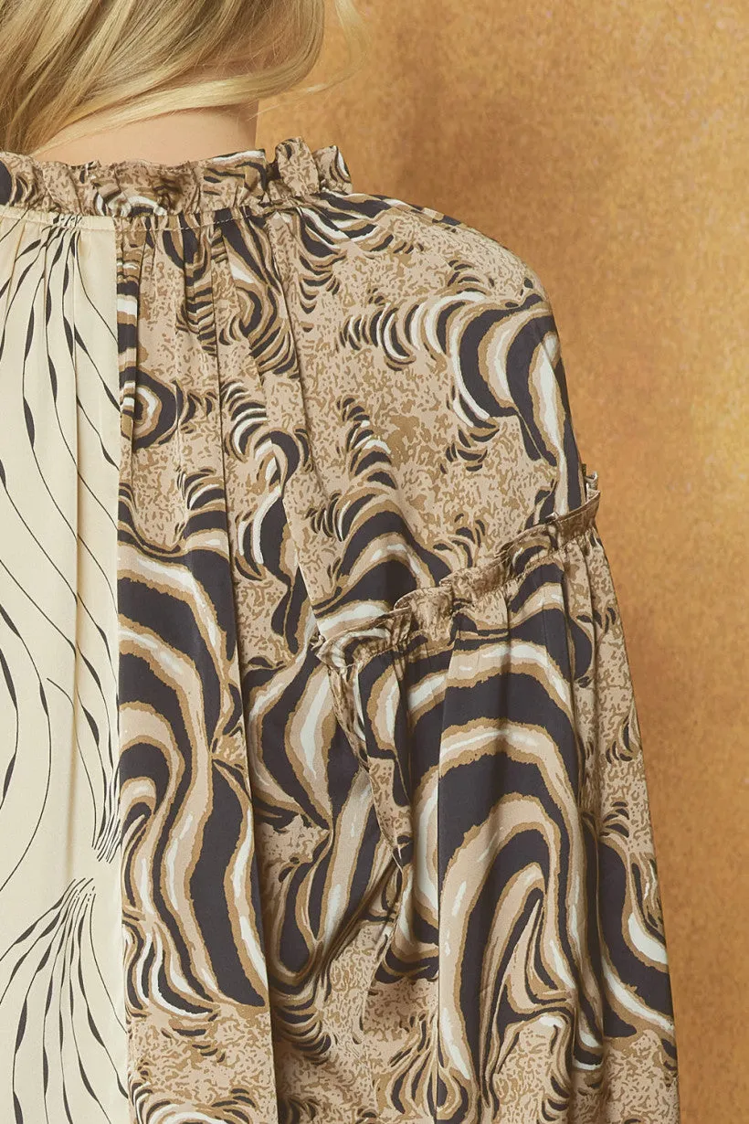 Entro Mocha And Ecru Contrast Print V-Neck Blouse