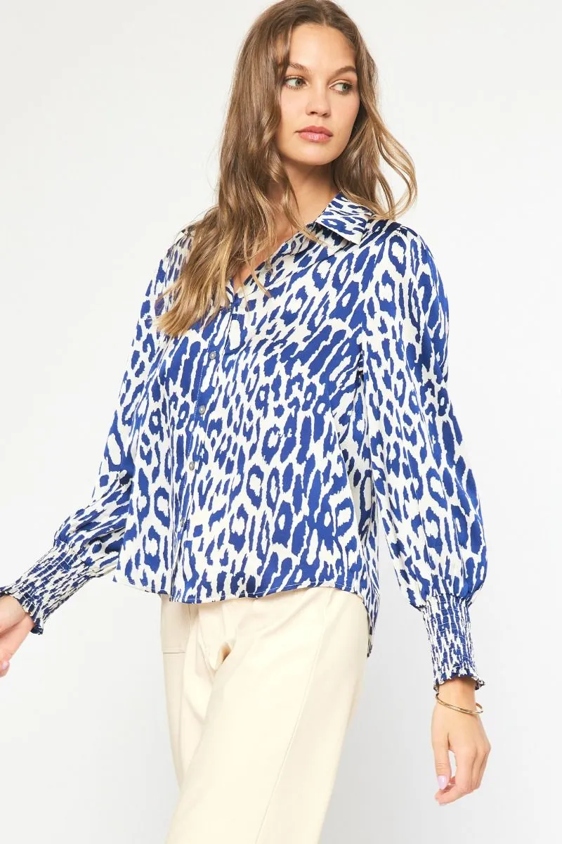 Entro Navy And White Animal Print Collared Button Up Top With Puff Sleeves
