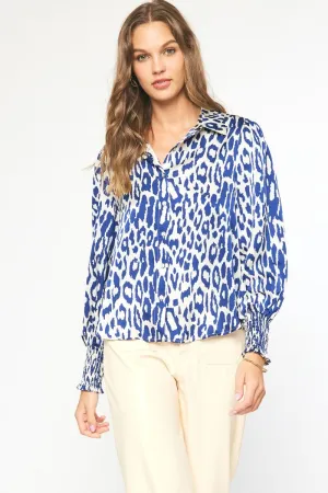 Entro Navy And White Animal Print Collared Button Up Top With Puff Sleeves
