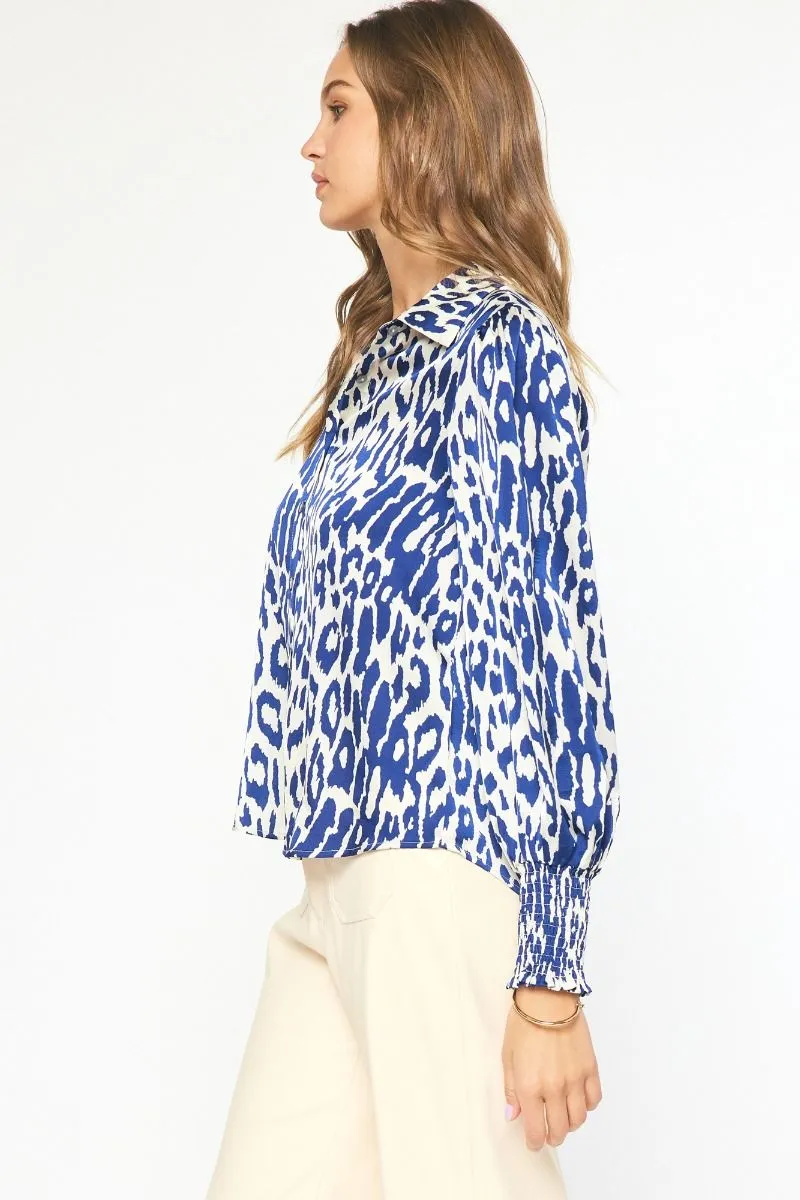 Entro Navy And White Animal Print Collared Button Up Top With Puff Sleeves