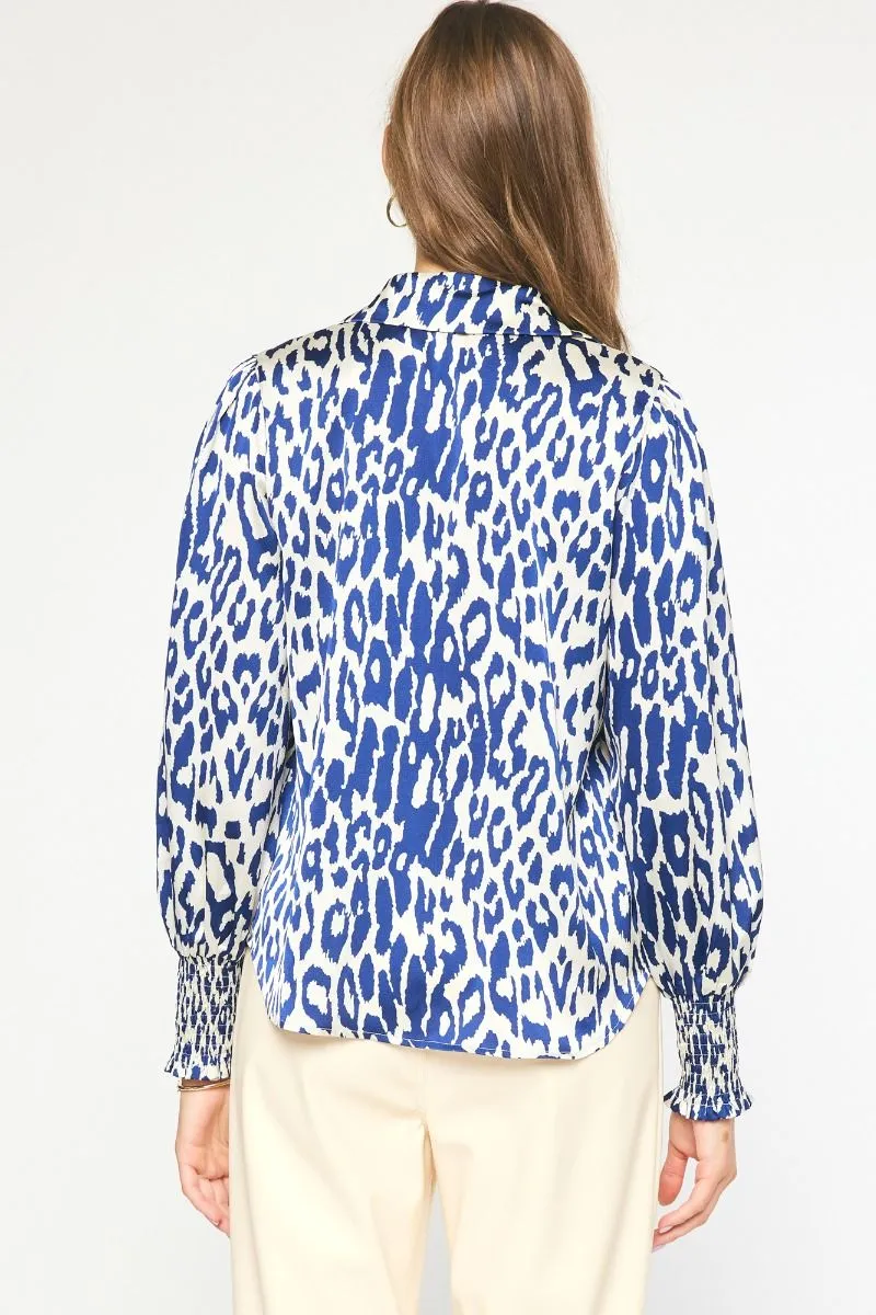 Entro Navy And White Animal Print Collared Button Up Top With Puff Sleeves