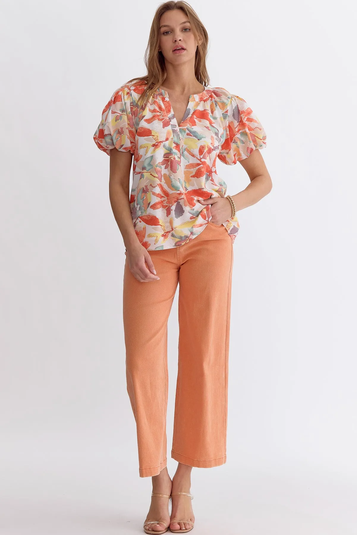 Entro Peaches And Cream Floral Print Bubble Sleeve Blouse