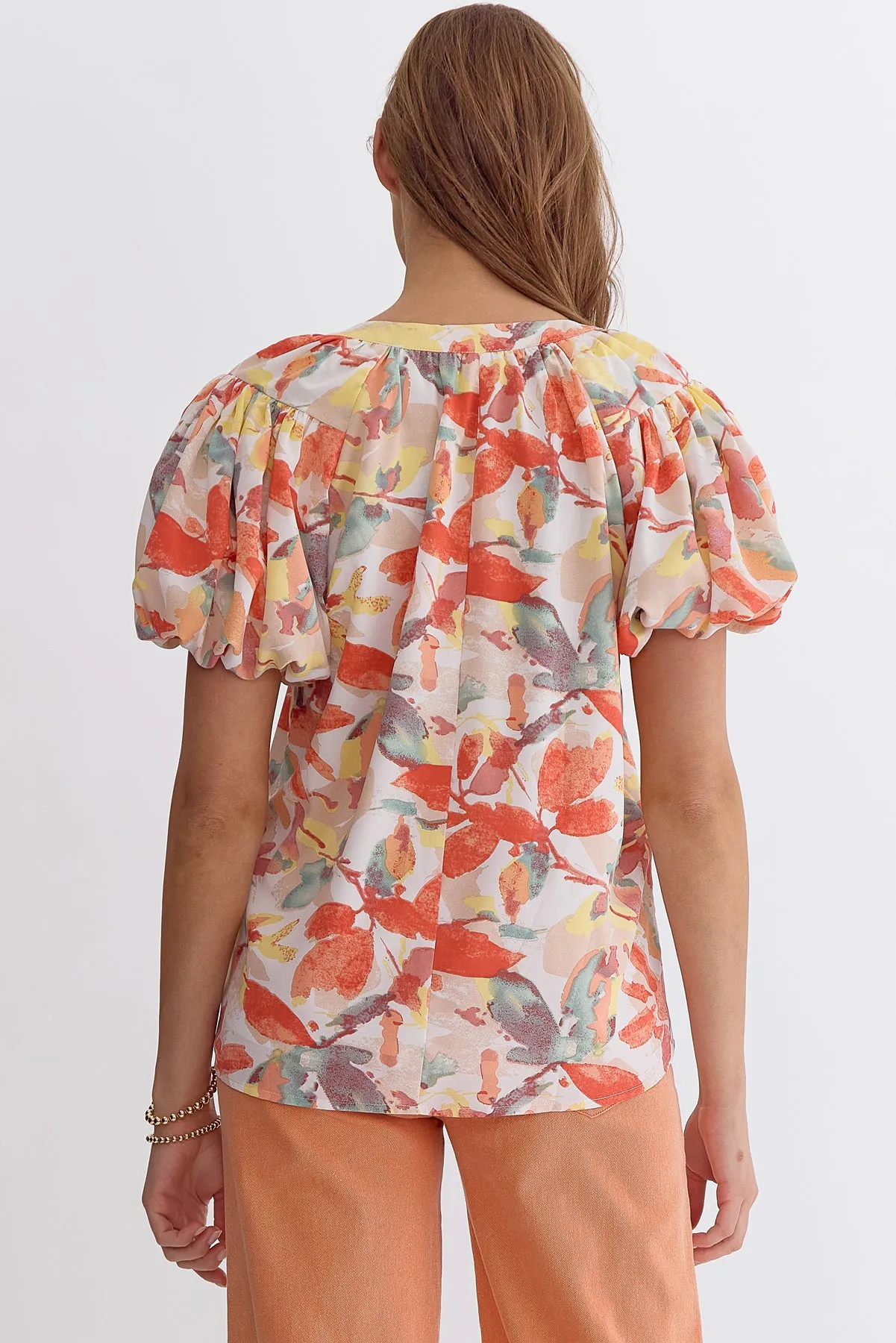 Entro Peaches And Cream Floral Print Bubble Sleeve Blouse
