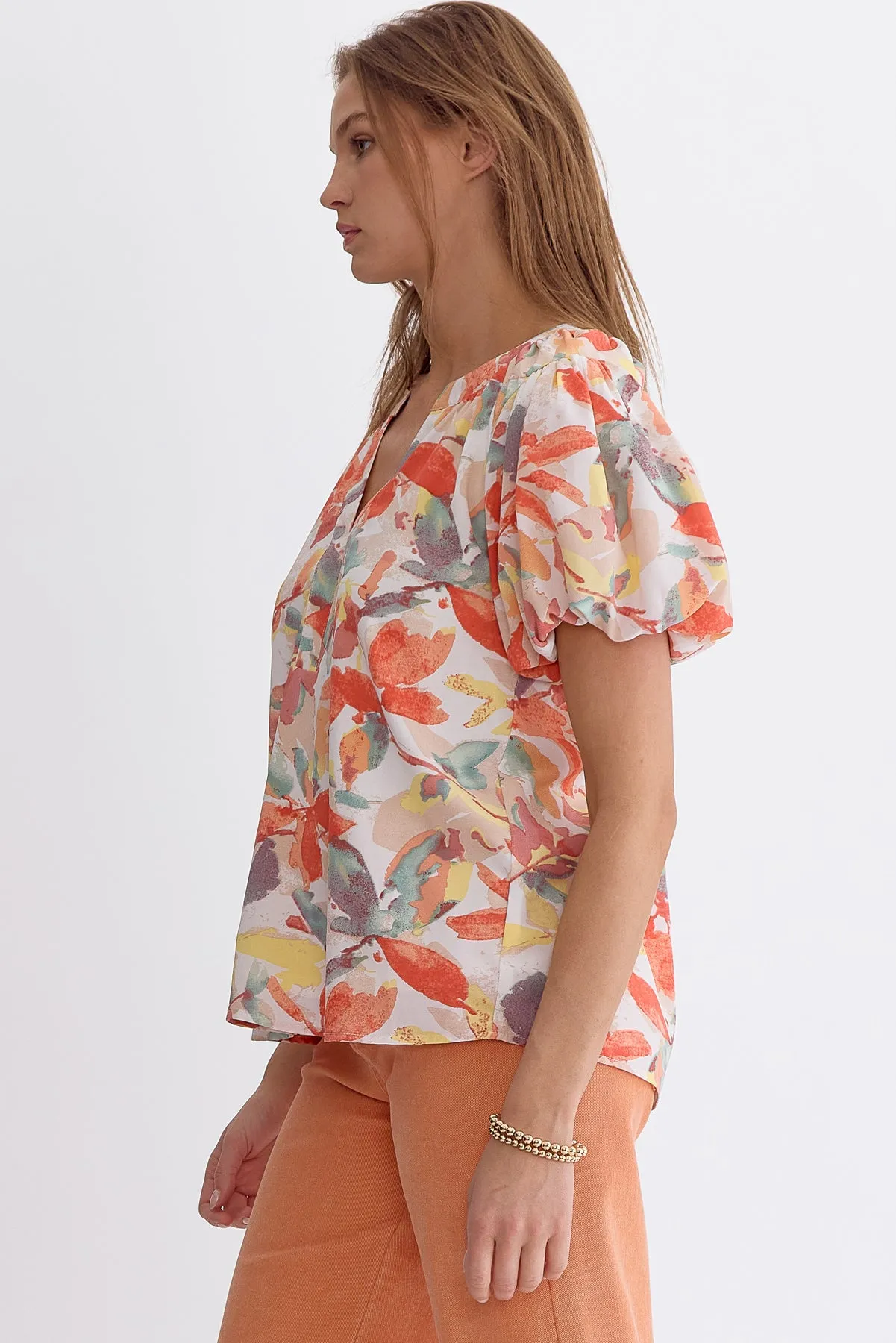 Entro Peaches And Cream Floral Print Bubble Sleeve Blouse