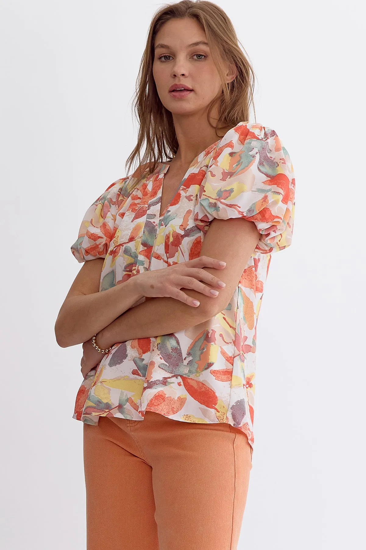 Entro Peaches And Cream Floral Print Bubble Sleeve Blouse