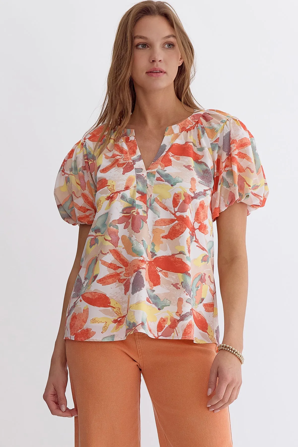 Entro Peaches And Cream Floral Print Bubble Sleeve Blouse