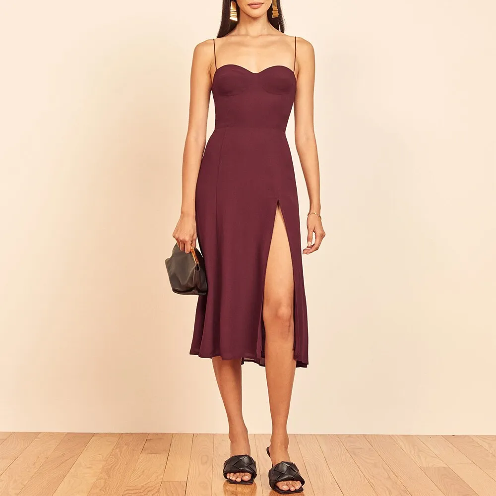 FashionSierra - Vintage Midi Dress Side High Slit Sexy Spaghetti Strap Dress