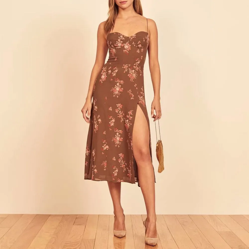 FashionSierra - Vintage Midi Dress Side High Slit Sexy Spaghetti Strap Dress