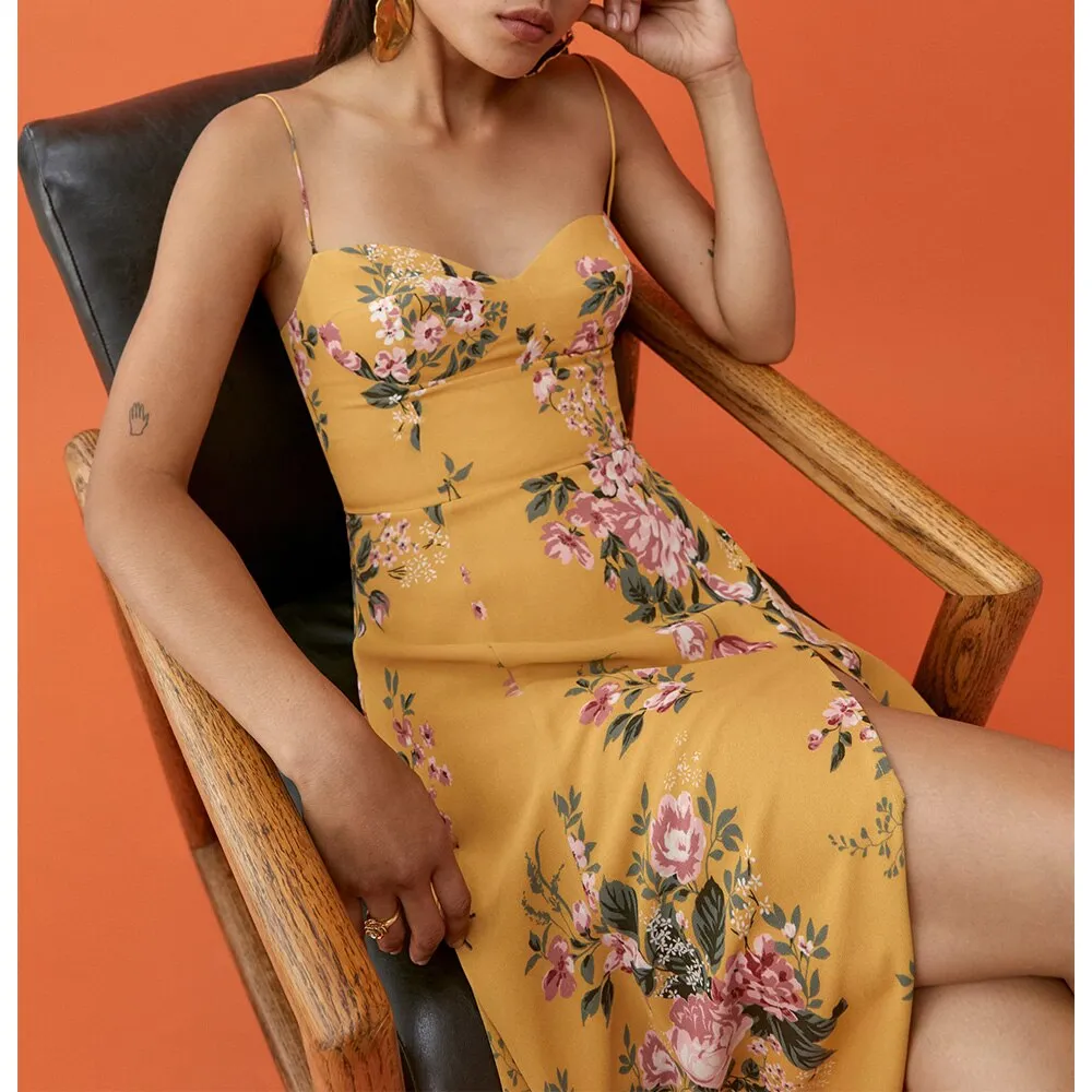 FashionSierra - Vintage Midi Dress Side High Slit Sexy Spaghetti Strap Dress