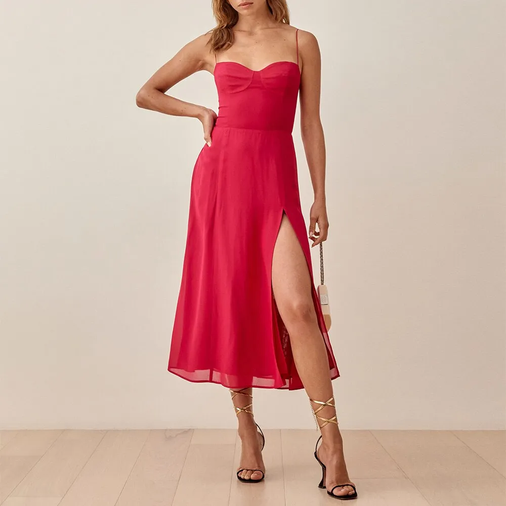 FashionSierra - Vintage Midi Dress Side High Slit Sexy Spaghetti Strap Dress