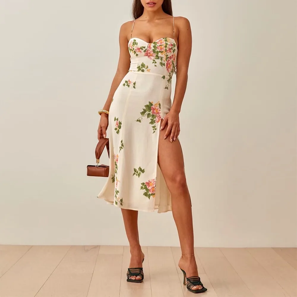 FashionSierra - Vintage Midi Dress Side High Slit Sexy Spaghetti Strap Dress
