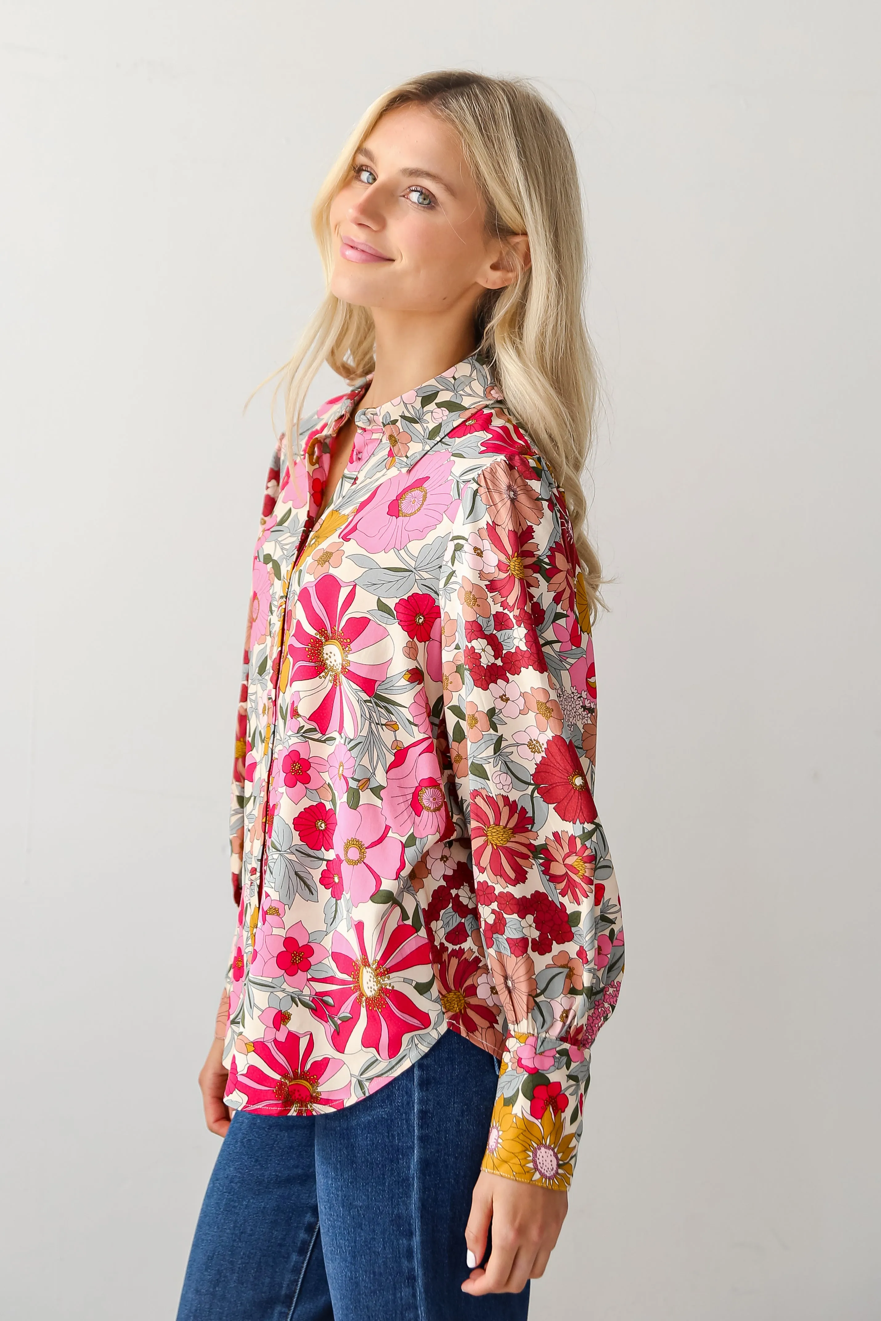 FINAL SALE - Darling Fantasy Pink Floral Button-Up Blouse