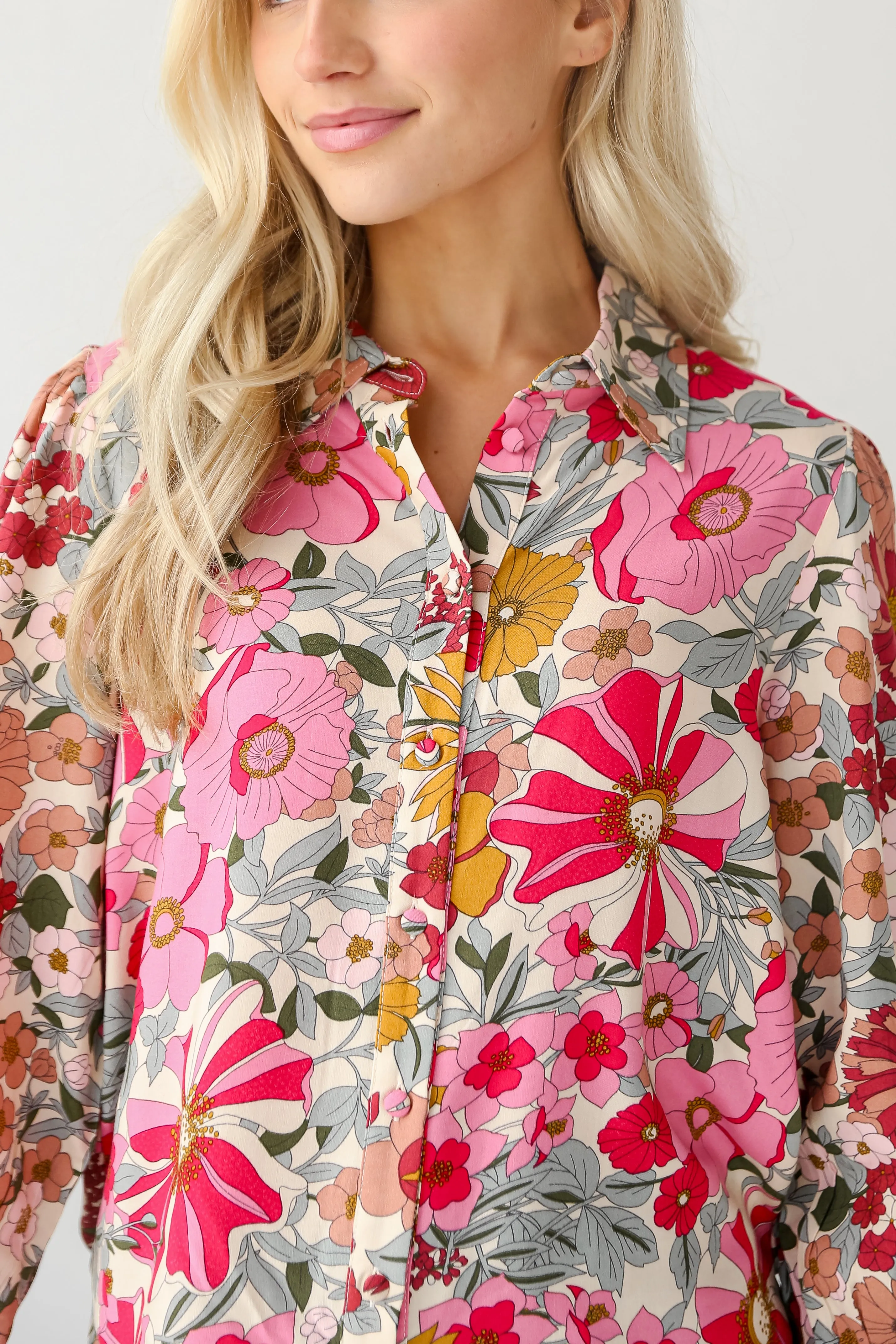 FINAL SALE - Darling Fantasy Pink Floral Button-Up Blouse