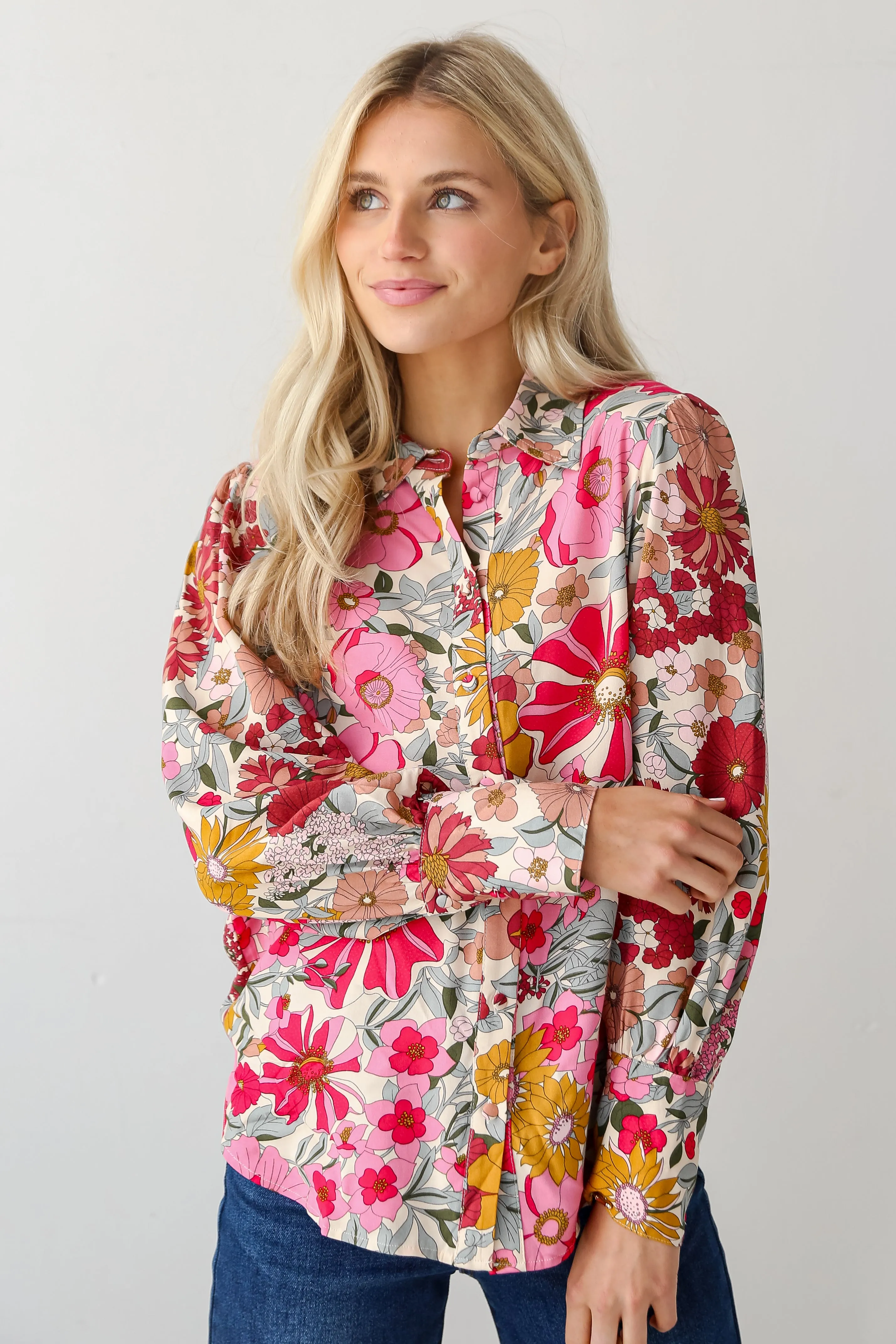 FINAL SALE - Darling Fantasy Pink Floral Button-Up Blouse