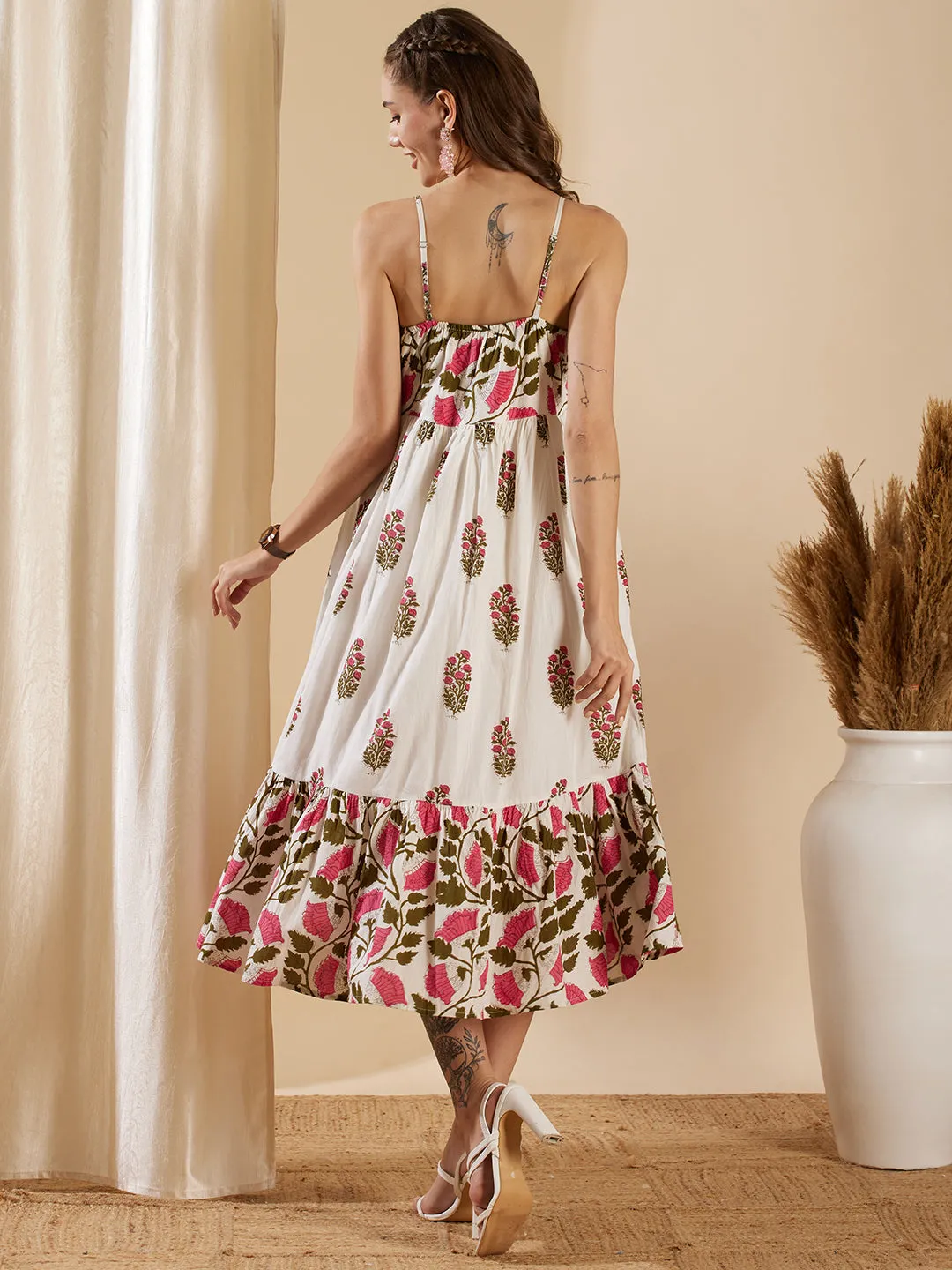 Floral Foil Printed A-Line Pleated Midi Dress - Off White
