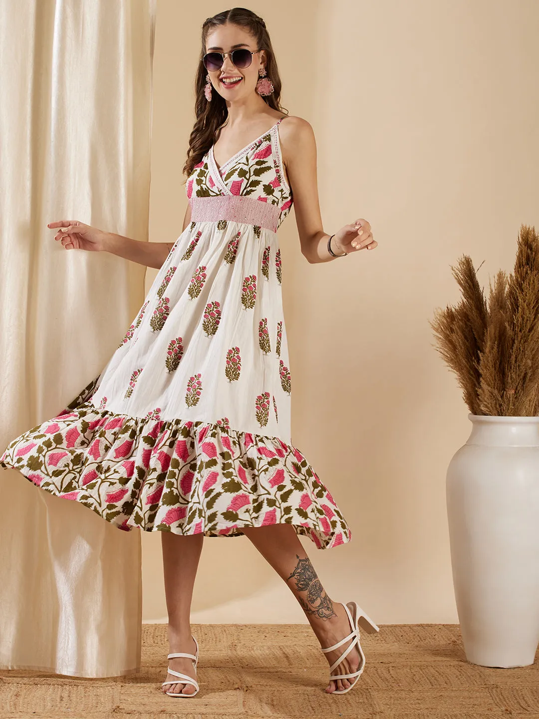 Floral Foil Printed A-Line Pleated Midi Dress - Off White