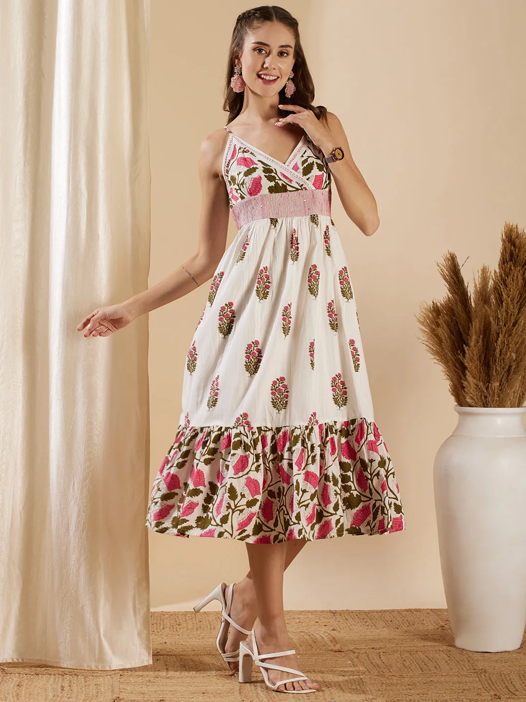 Floral Foil Printed A-Line Pleated Midi Dress - Off White
