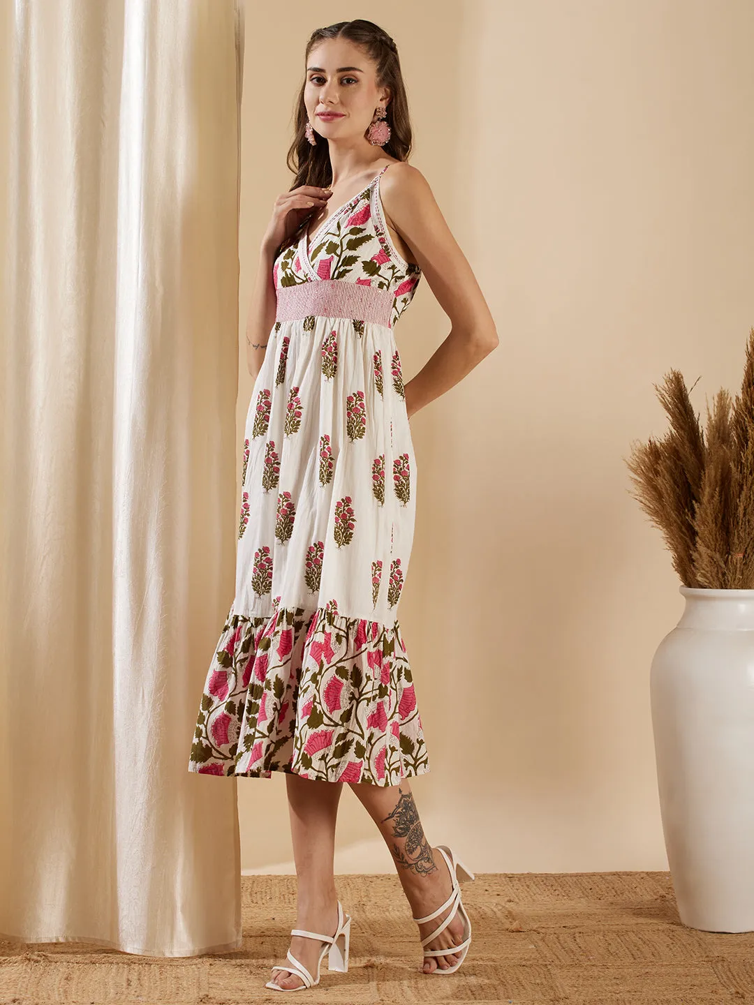 Floral Foil Printed A-Line Pleated Midi Dress - Off White