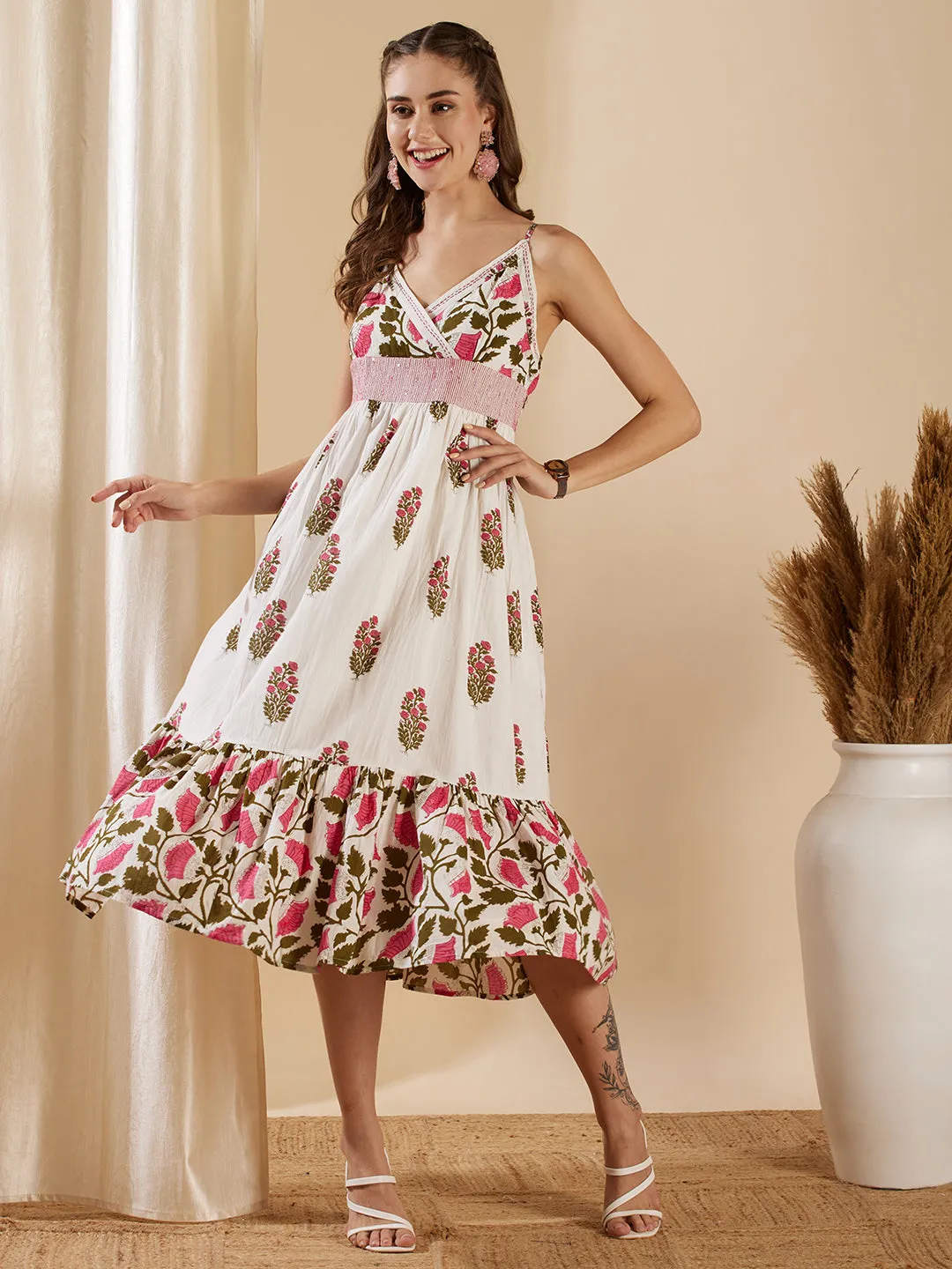 Floral Foil Printed A-Line Pleated Midi Dress - Off White