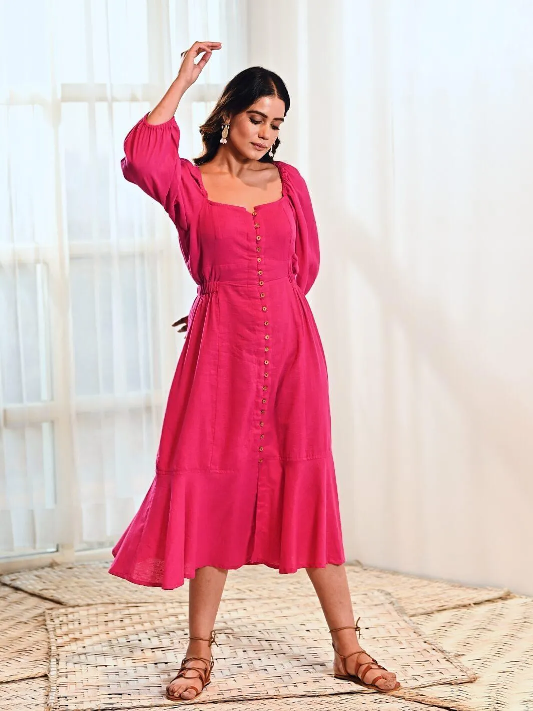Fuchsia Cotton A line Long Dress