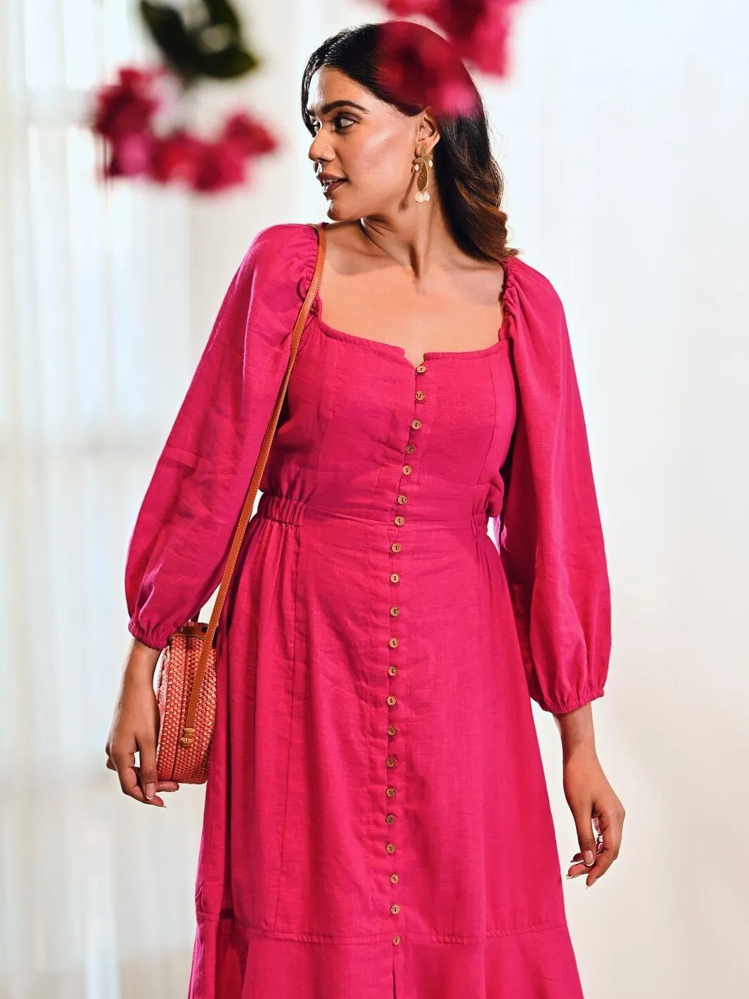 Fuchsia Cotton A line Long Dress