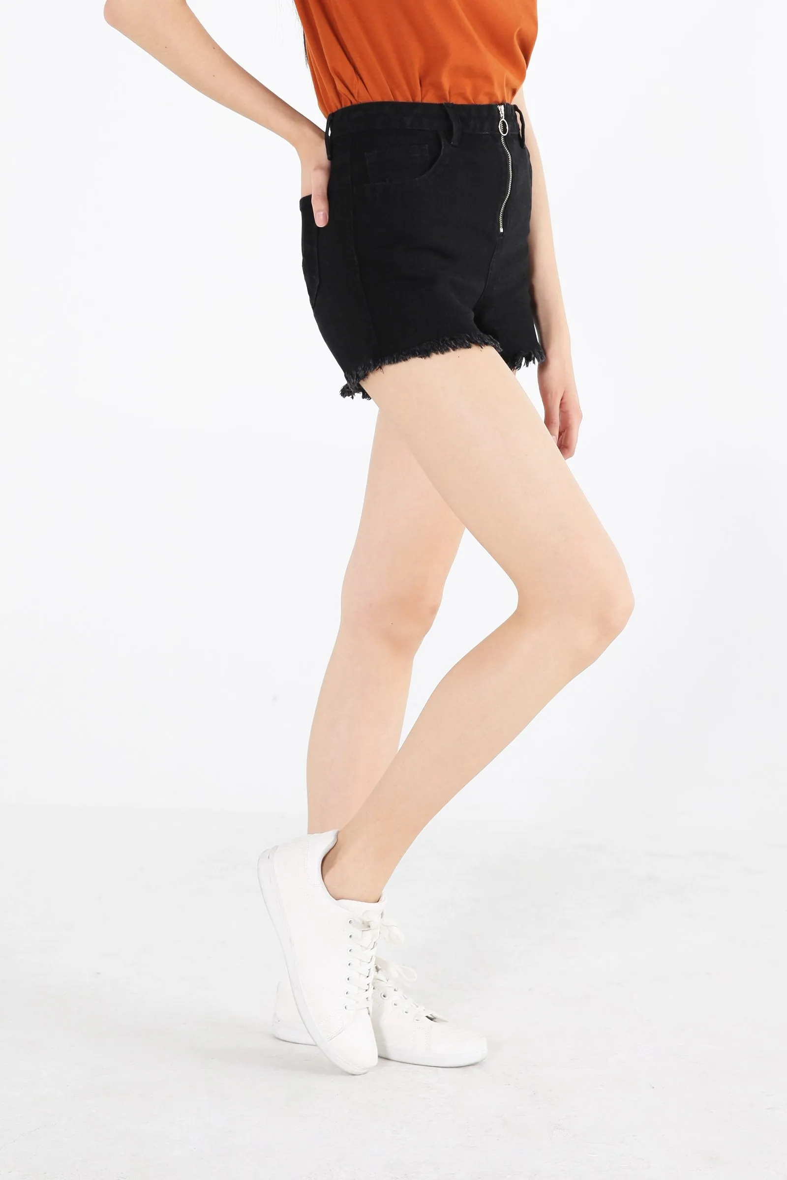 High Waist Denim Shorts With Exposed Zipper Detail