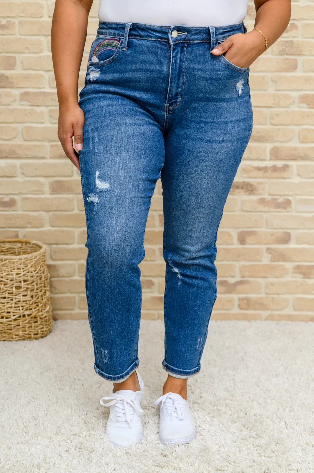 Judy Blue High Rise Rainbow Embroidered Straight Leg Jeans