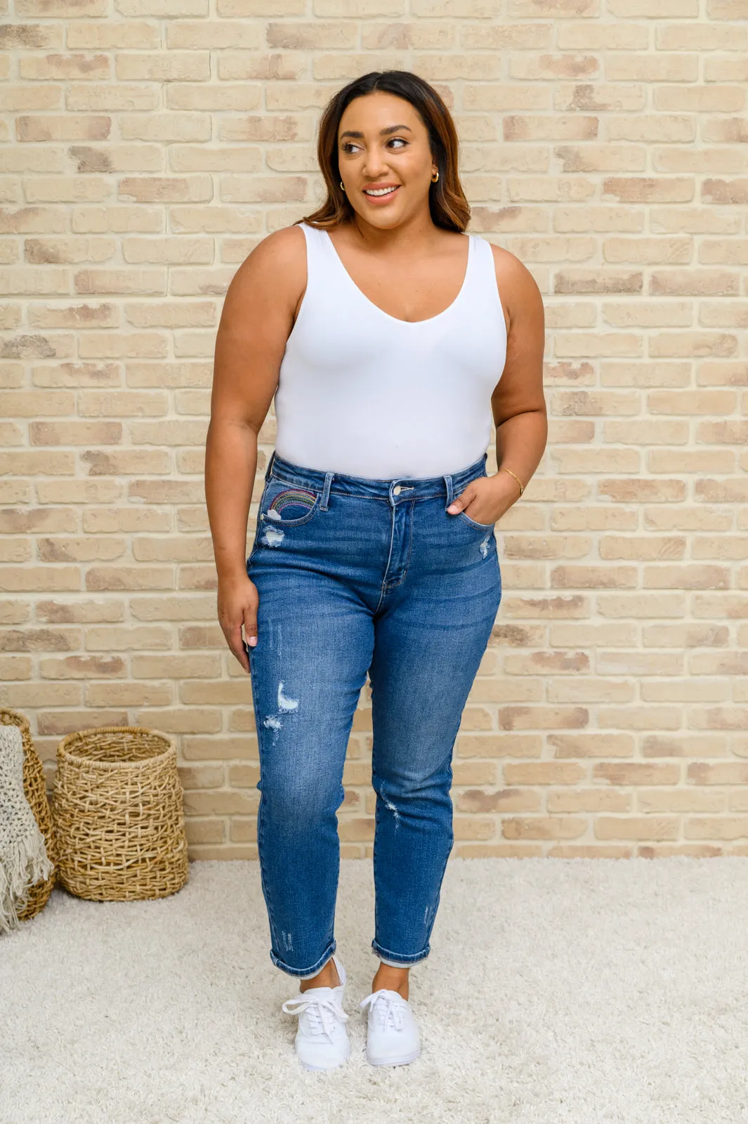 Judy Blue High Rise Rainbow Embroidered Straight Leg Jeans