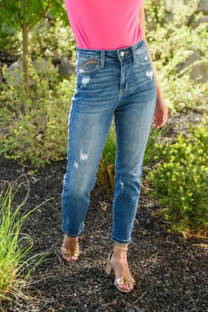 Judy Blue High Rise Rainbow Embroidered Straight Leg Jeans
