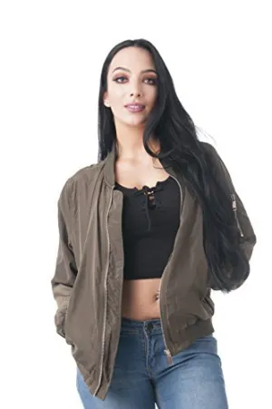 Khanomak Women's Ribbed Bottom Zip up Ruched Bomber Jacket