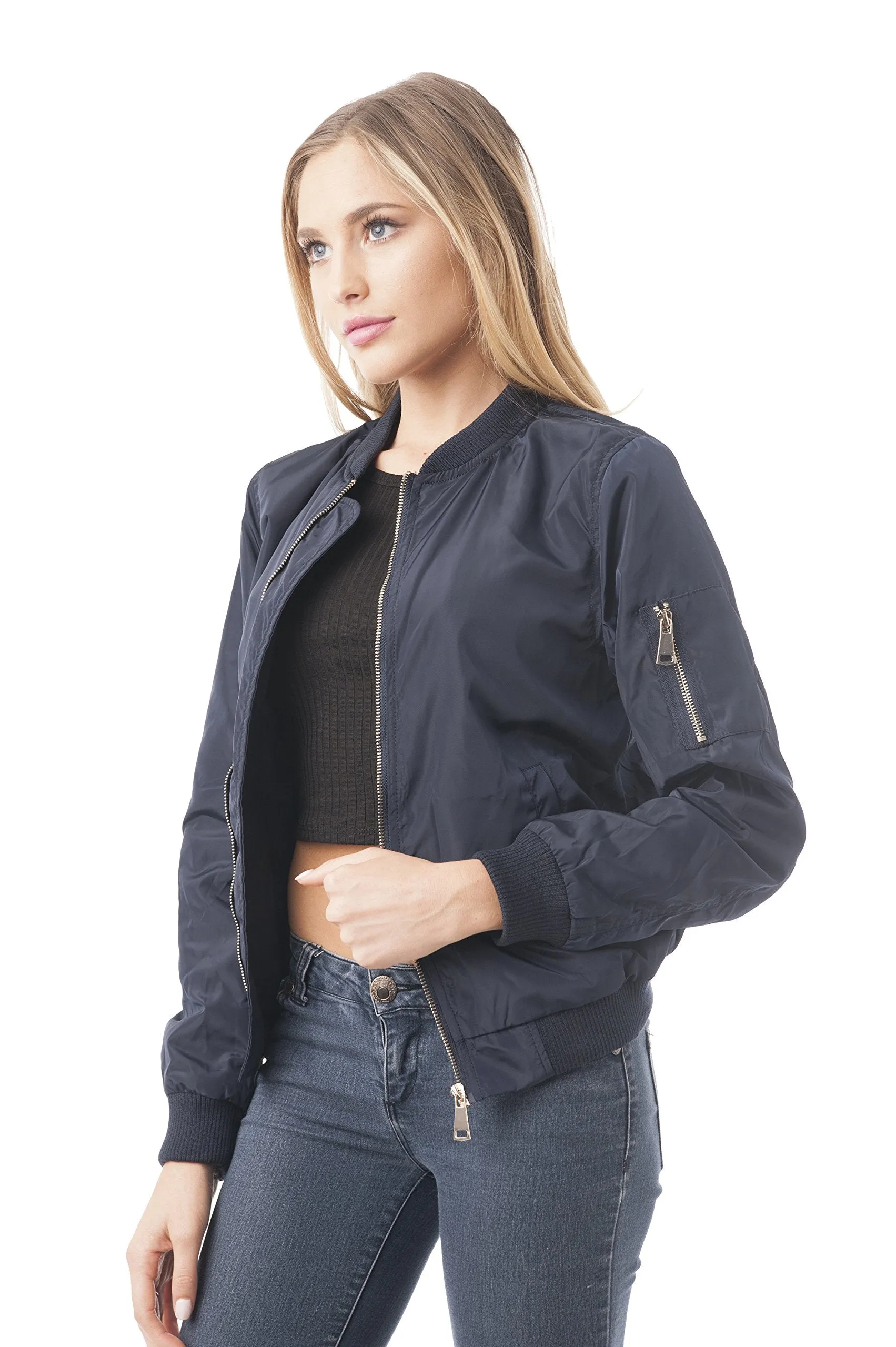 Khanomak Women's Ribbed Bottom Zip up Ruched Bomber Jacket