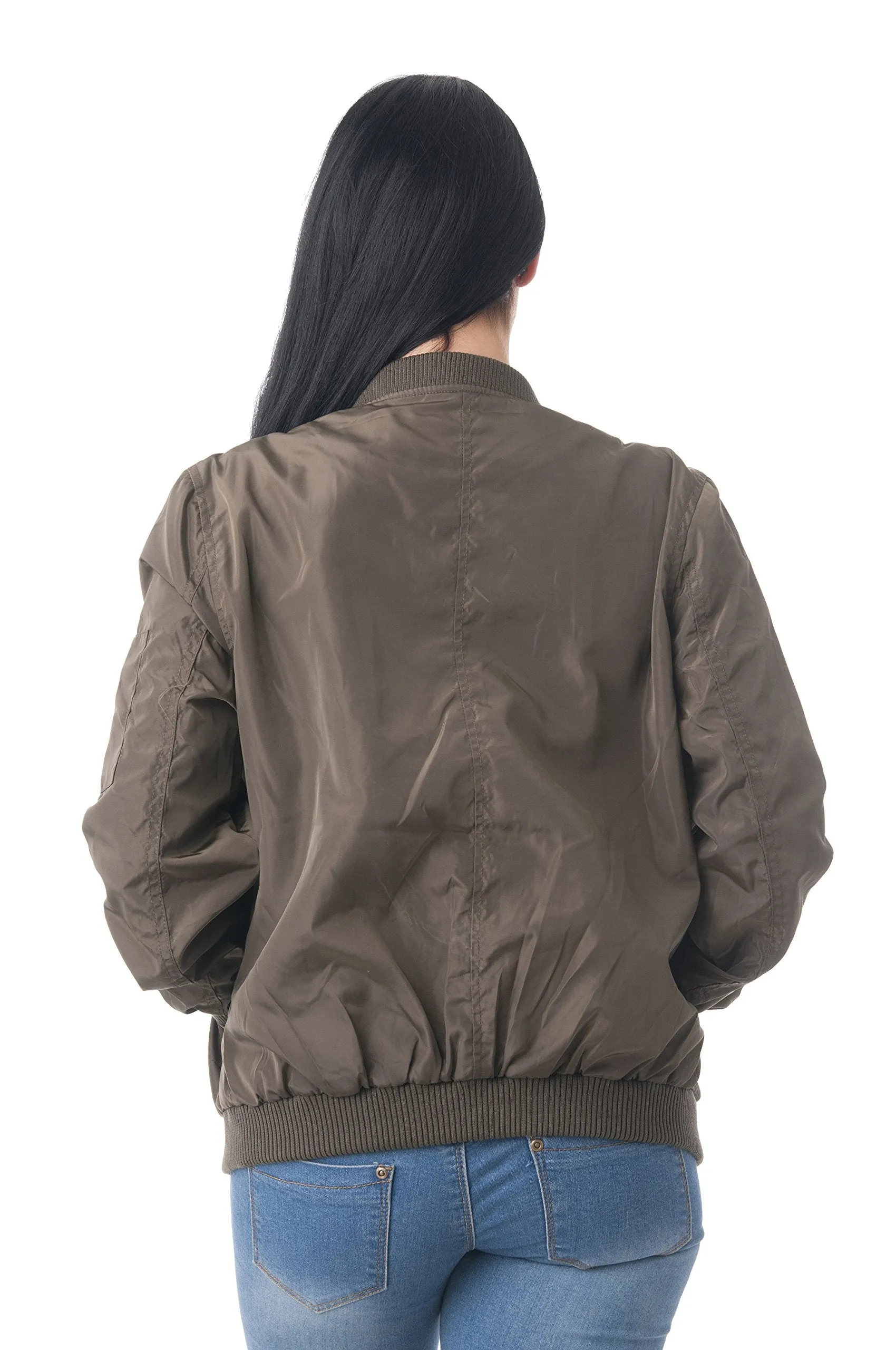 Khanomak Women's Ribbed Bottom Zip up Ruched Bomber Jacket