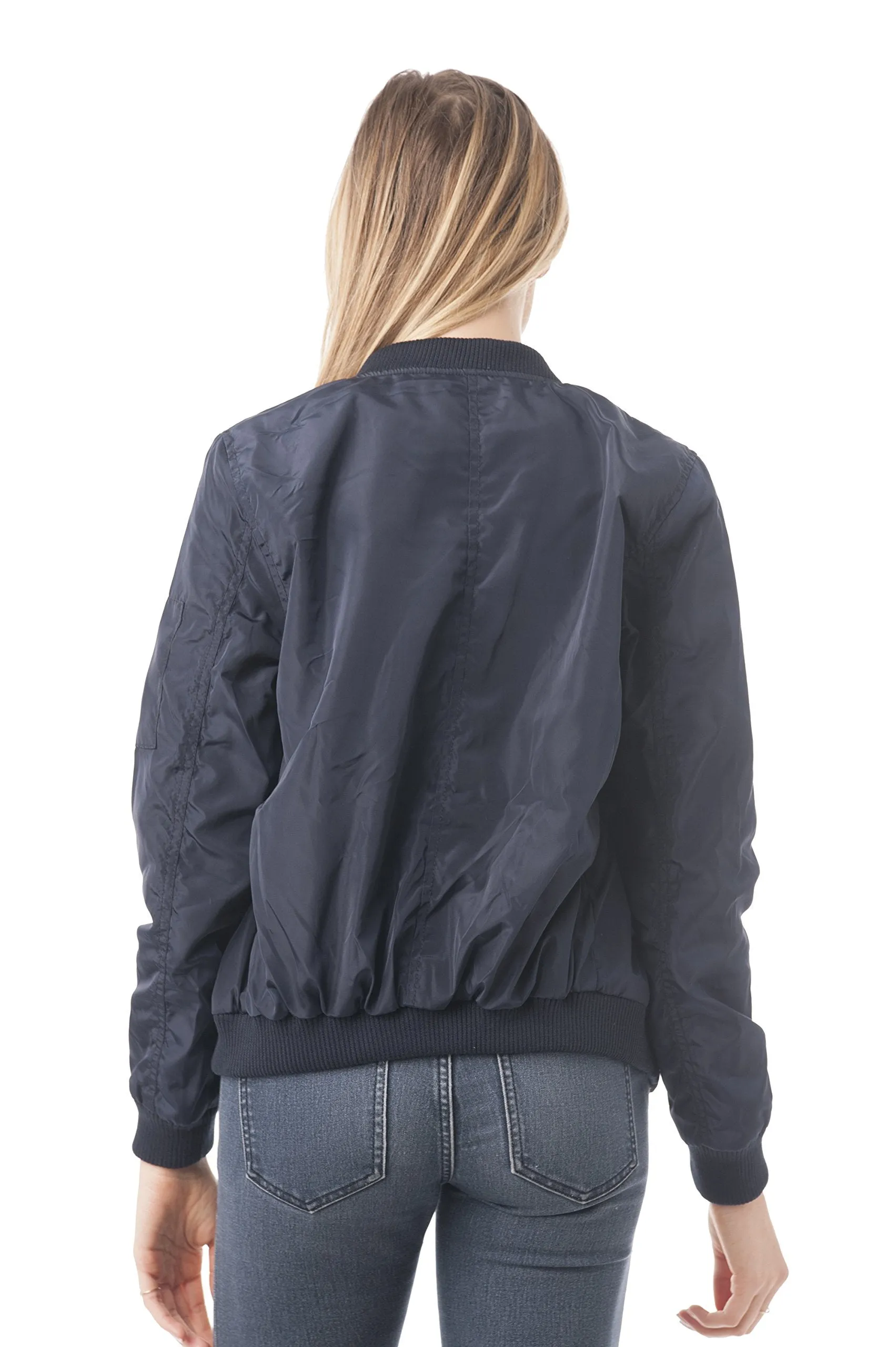 Khanomak Women's Ribbed Bottom Zip up Ruched Bomber Jacket