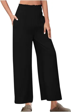 Linen Pants for Women High Waisted Wide Leg Palazzo Pants Breathable Elastic Waist Summer Dressy Casual Trousers
